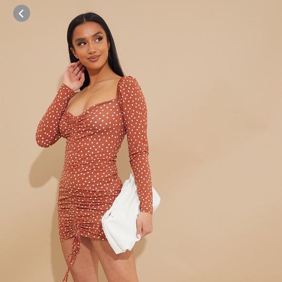 Petite Terracotta Polka Dot Ruched Front Long Sleeve Bodycon, Dress